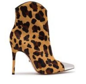 Rare SCHUTZ Roseangela Pony Hair Leopard Print Metal Cap Toe Heeled Booties SZ10